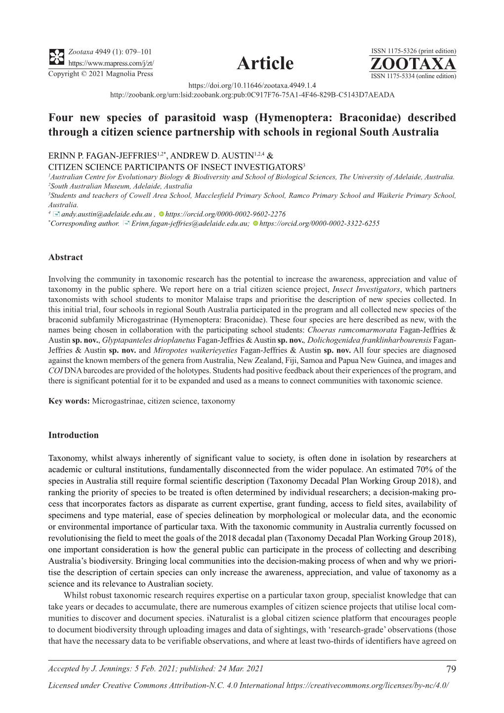 Four New Species of Parasitoid Wasp (Hymenoptera: Braconidae) Described Through a Citizen Science Partnership with Schools in Regional South Australia