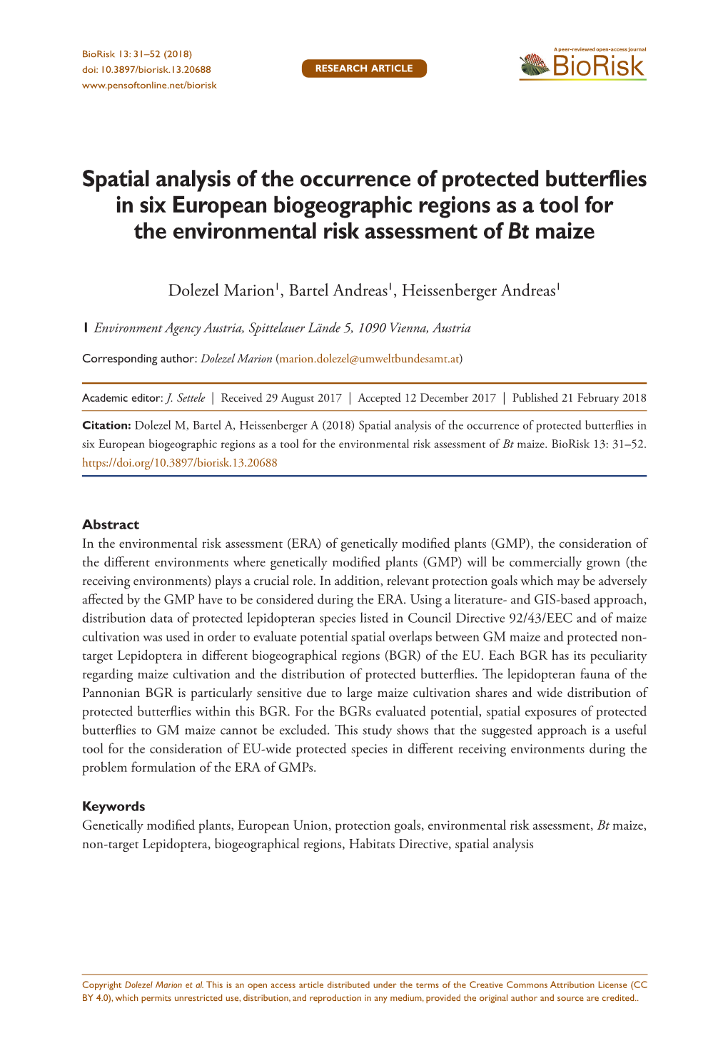 Spatial Analysis of the Occurrence of Protected Butterflies in Six European Biogeographic Regions As a Tool for the Environmental Risk Assessment of Bt Maize