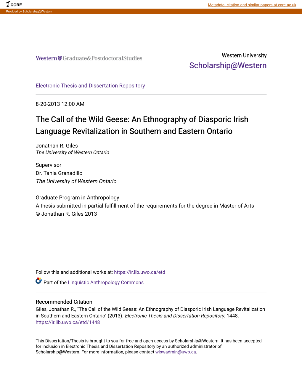 The Call of the Wild Geese: an Ethnography of Diasporic Irish Language Revitalization in Southern and Eastern Ontario