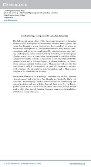 The Cambridge Companion to Canadian Literature Edited by Eva-Marie Kröller Frontmatter More Information