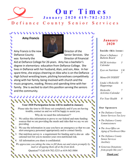 O U R T I M E S January 2020 419 - 782- 3233 Defiance County Senior Services