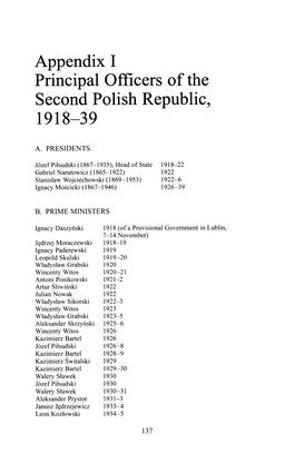 Appendix I Principal Officers of the Second Polish Republic, 1918-39