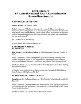 2015 Winners 8Th Annual National Arts & Entertainment Journalism