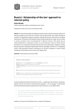 Russia's 'Dictatorship-Of-The-Law' Approach to Internet Policy Julien Nocetti Institut Français Des Relations Internationales, Paris, France