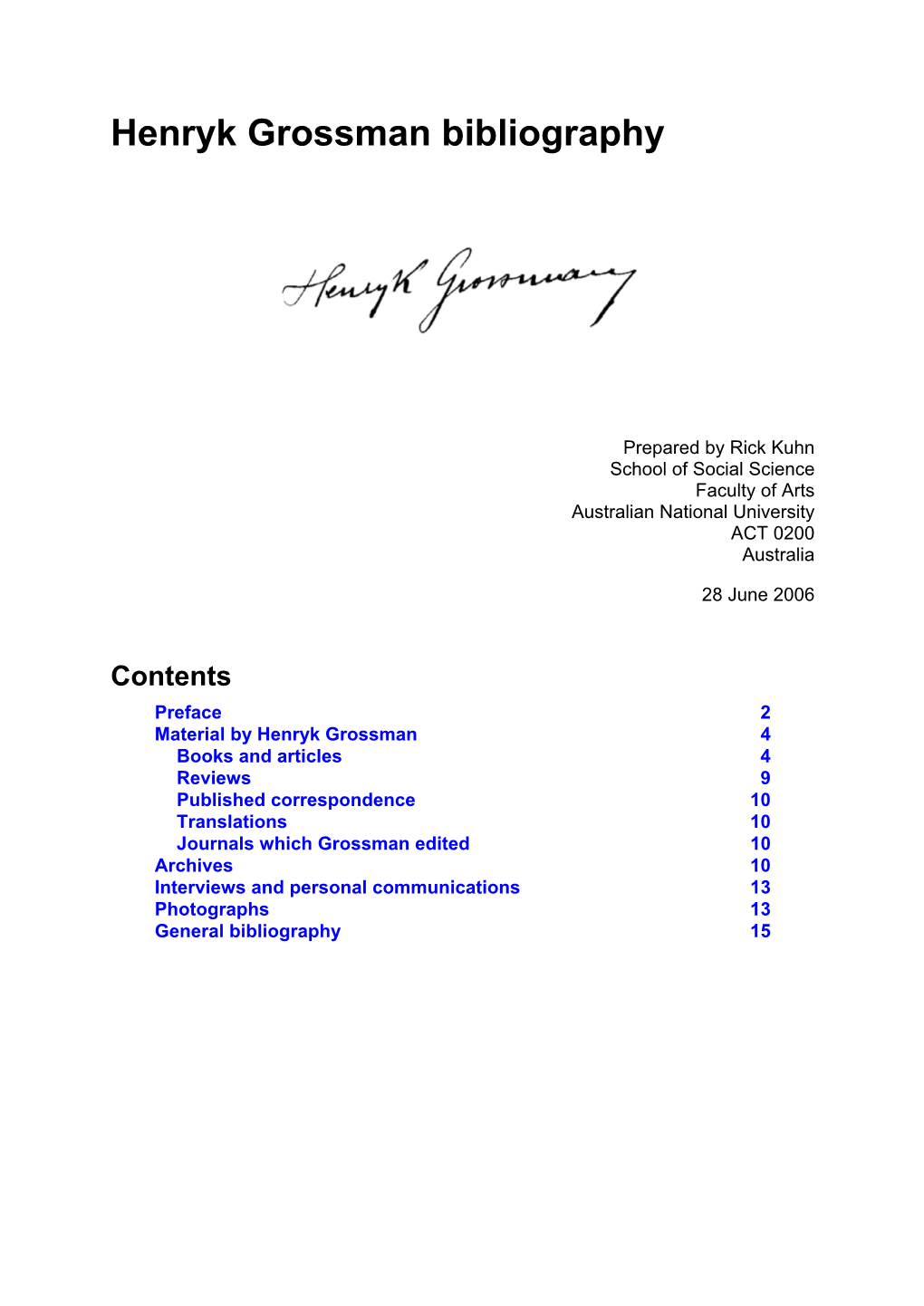 Henryk Grossman Bibliography