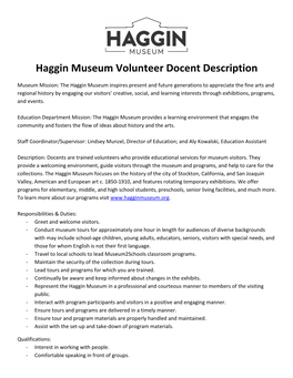 Haggin Museum Volunteer Docent Description
