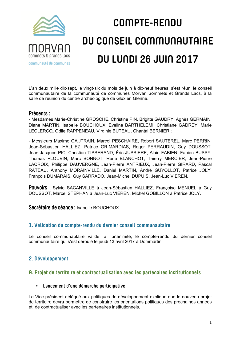 Compte-Rendu Du Conseil Communautaire Du 26-06-2017