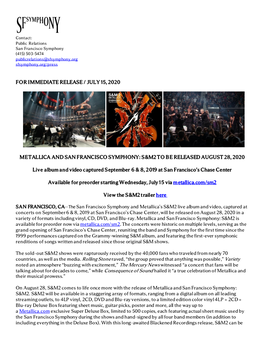 For Immediate Release / July 15, 2020 Metallica and San