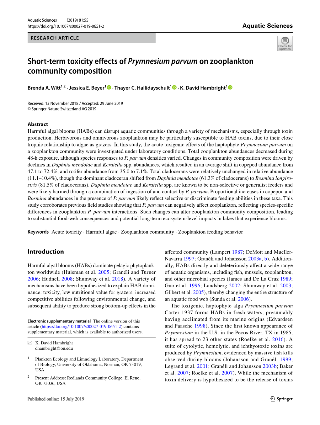 Short-Term Toxicity Effects of Prymnesium Parvum on Zooplankton Community Composition; Aquatic Sciences; Witt Et Al.; University of Oklahoma; Dhambright@Ou.Edu