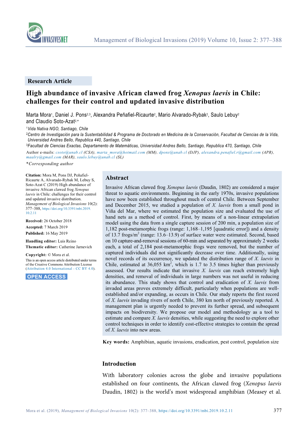 High Abundance of Invasive African Clawed Frog Xenopus Laevis in Chile: Challenges for Their Control and Updated Invasive Distribution