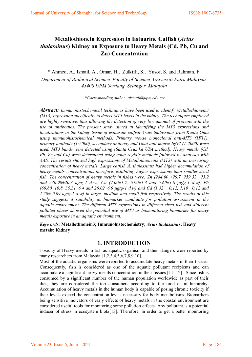 Metallothionein Expression in Estuarine Catfish (Arius Thalassinus) Kidney on Exposure to Heavy Metals (Cd, Pb, Cu and Zn) Concentration