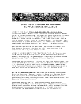 Engl 350: History of Hip-Hop Supplemental Syllabus