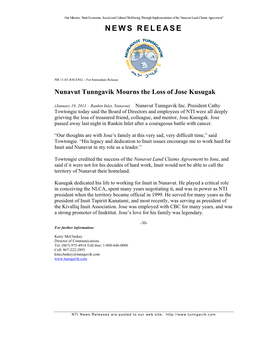 Nunavut Tunngavik Mourns the Loss of Jose Kusugak (Pdf)