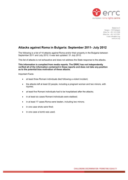 Attacks Against Roma in Bulgaria: September 2011- July 2012