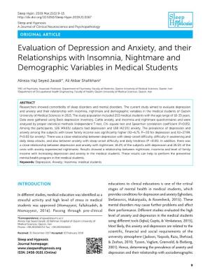 Evaluation of Depression and Anxiety, and Their Relationships with Insomnia, Nightmare and Demographic Variables in Medical Students
