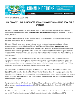 Elk Grove Village Announced As Makers Wanted Bahamas Bowl Title Sponsor