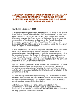Agreement Between Governments of India and Pakistan Regarding Procedures to End Disputes and Incidents Along the Indo-West Pakistan Border Areas
