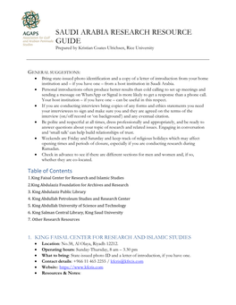 SAUDI ARABIA RESEARCH RESOURCE GUIDE Prepared by Kristian Coates Ulrichsen, Rice University