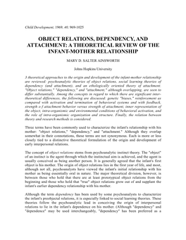 Object Relations, Dependency, and Attachment: a Theoretical Review of the Infant-Mother Relationship