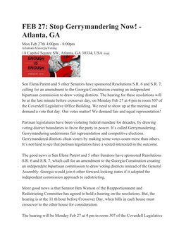 FEB 27: Stop Gerrymandering Now! - Atlanta, GA Mon Feb 27Th 4:00Pm - 8:00Pm Atlantagageorgiavoting 18 Capitol Square SW, Atlanta, GA 30334, USA Map