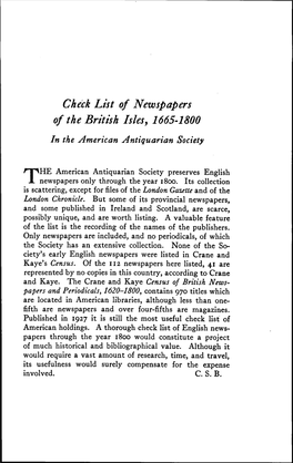 Check List of Newspapers of the British Isles, 1665-1800 in the American Antiquarian Society