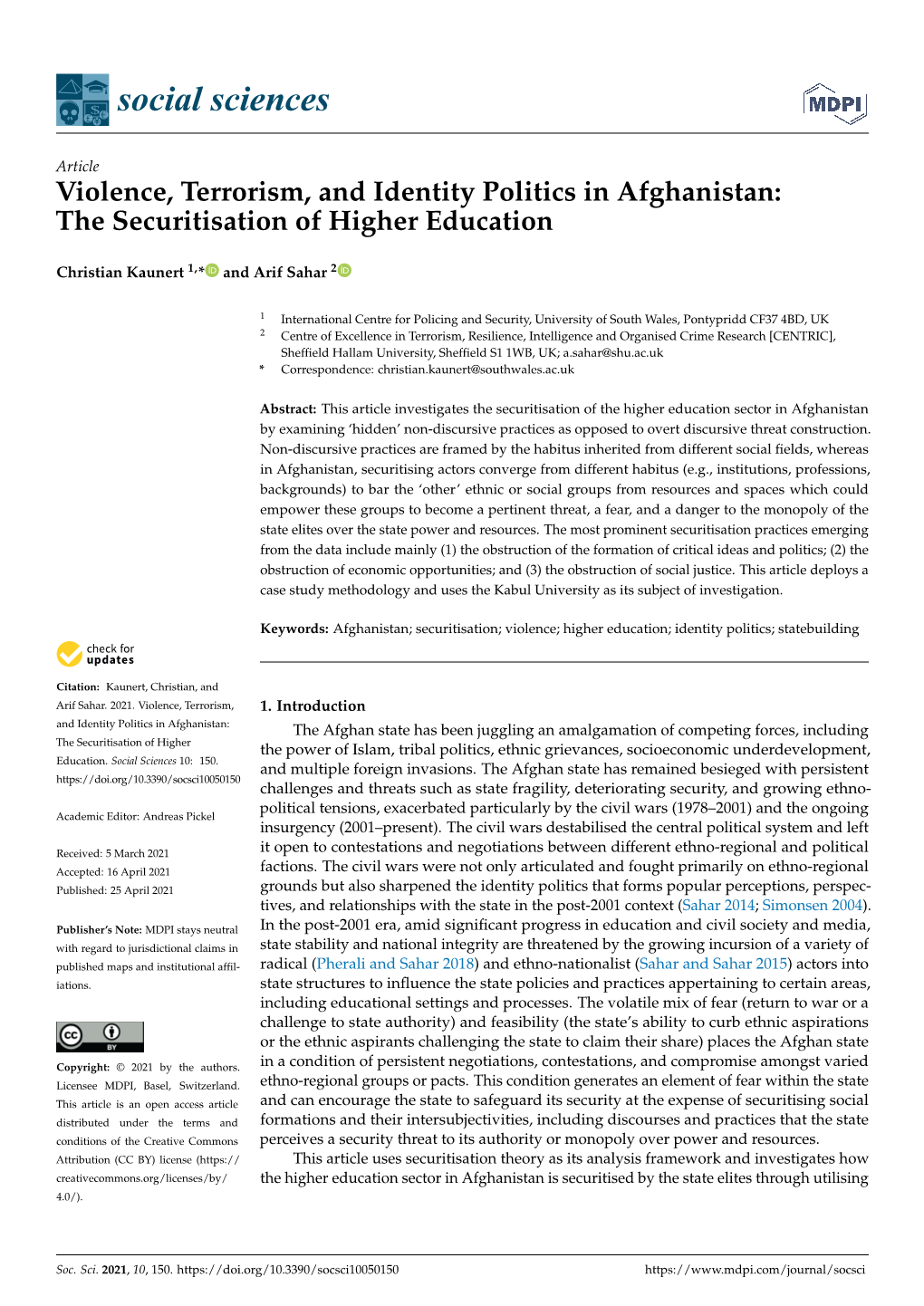 Violence, Terrorism, and Identity Politics in Afghanistan: the Securitisation of Higher Education