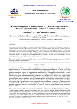 Combustion Synthesis of Nanocrystalline Al2o3 Powder