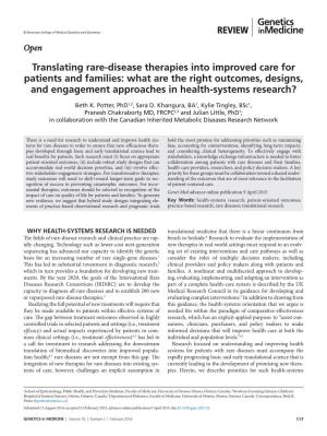 Translating Rare-Disease Therapies Into Improved Care for Patients and Families