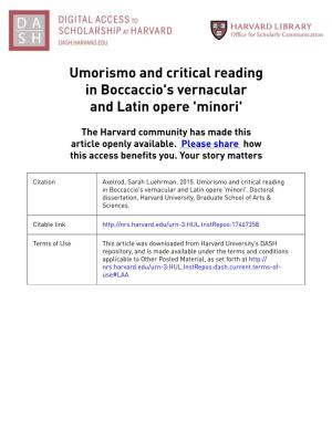Umorismo and Critical Reading in Boccaccio's Vernacular and Latin Opere 'Minori'