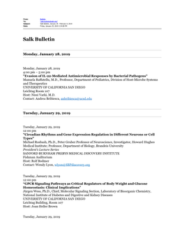 Salk Bulletin, January 28 - February 4, 2019 Date: Friday, January 25, 2019 2:34:00 PM