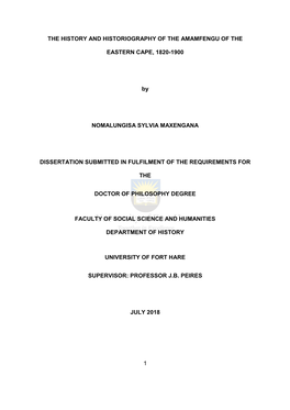 1 the HISTORY and HISTORIOGRAPHY of the AMAMFENGU of the EASTERN CAPE, 1820-1900 by NOMALUNGISA SYLVIA MAXENGANA DISSERTATION SU