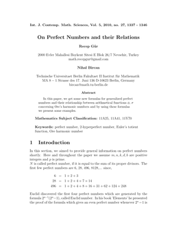 On Perfect Numbers and Their Relations 1 Introduction