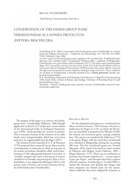 Conservation of the Family-Group Name Vermileonidae As a Nomen Protectum (Diptera: Brachycera)