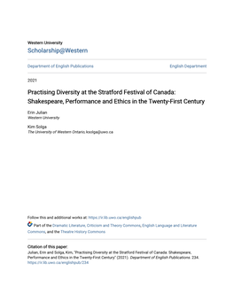 Practising Diversity at the Stratford Festival of Canada: Shakespeare, Performance and Ethics in the Twenty-First Century