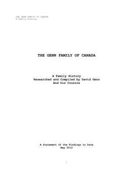 THE GENN FAMILY of CANADA a Family History