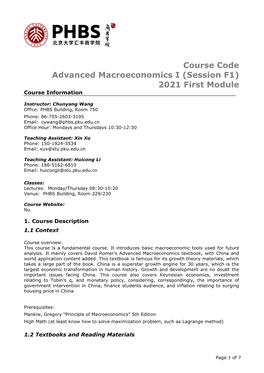 Course Code Advanced Macroeconomics I (Session F1) 2021 First Module Course Information