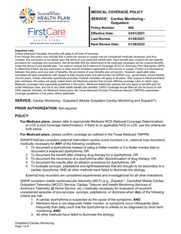 MEDICAL COVERAGE POLICY SERVICE: Cardiac Monitoring