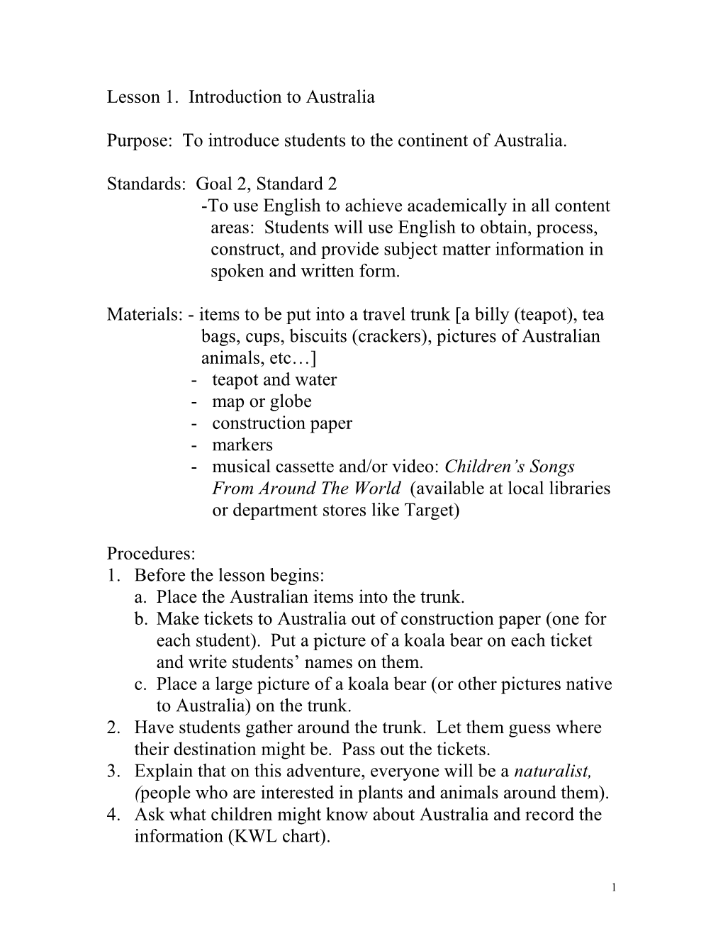 Lesson 1. Introduction to Australia Purpose: to Introduce Students To