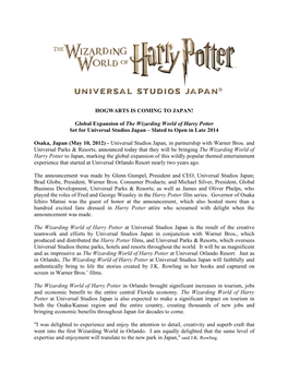 Global Expansion of the Wizarding World of Harry Potter Set for Universal Studios Japan – Slated to Open in Late 2014