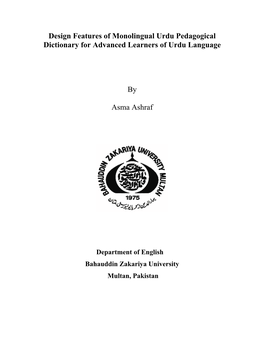 Design Features of Monolingual Urdu Pedagogical Dictionary for Advanced Learners of Urdu Language