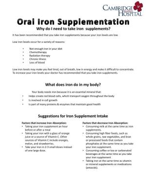 Why Do I Need to Take Iron Supplements? It Has Been Recommended That You Take Iron Supplements Because Your Iron Levels Are Low