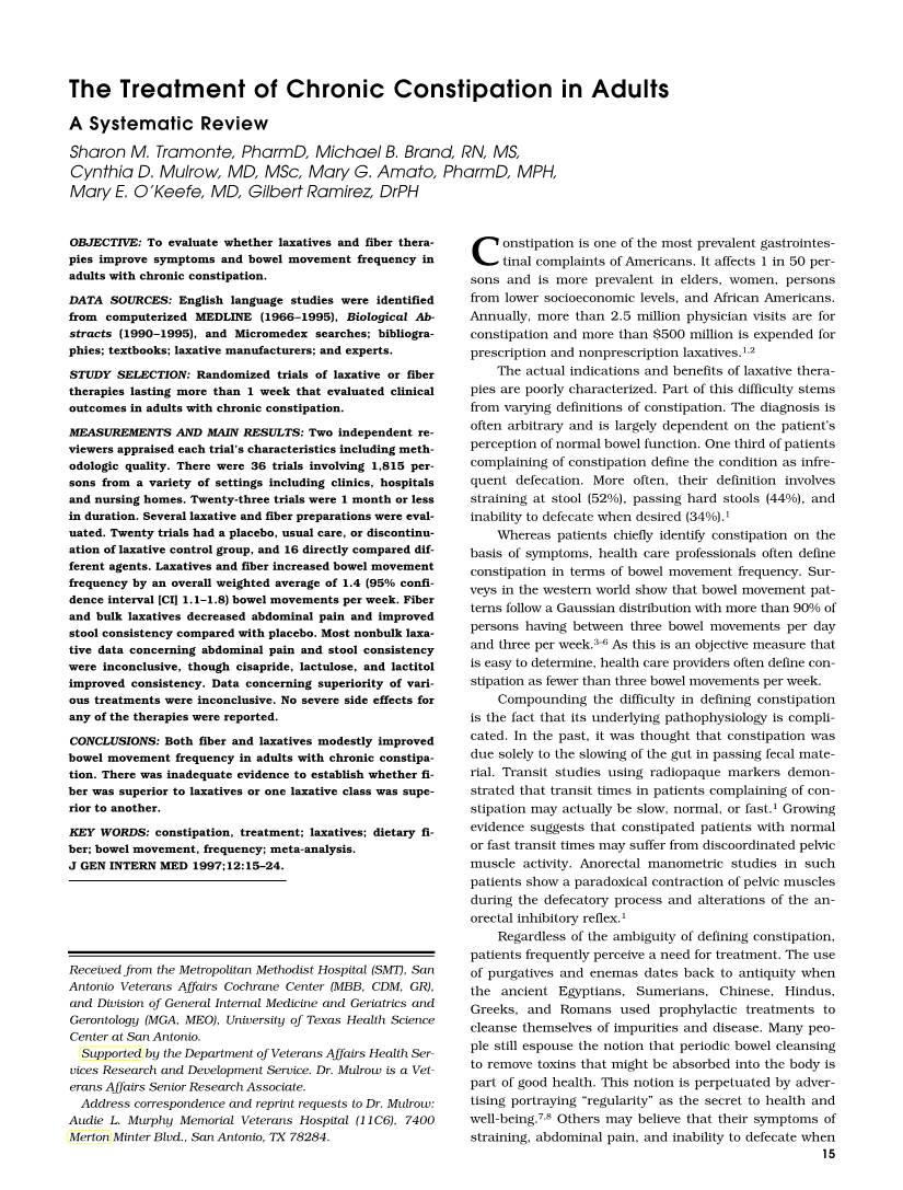 The Treatment of Chronic Constipation in Adults a Systematic Review Sharon M
