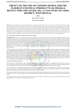 Impact on the Life of Common People for the Floods in Coloneal Period (1770 Ad-1900Ad) & Recent Time (1995 Ad-2016 Ad): a Case Study of Nadia District, West Bengal