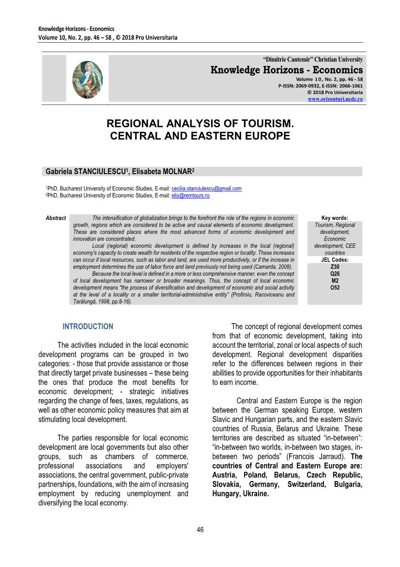 Regional Analysis of Tourism. Central and Eastern Europe