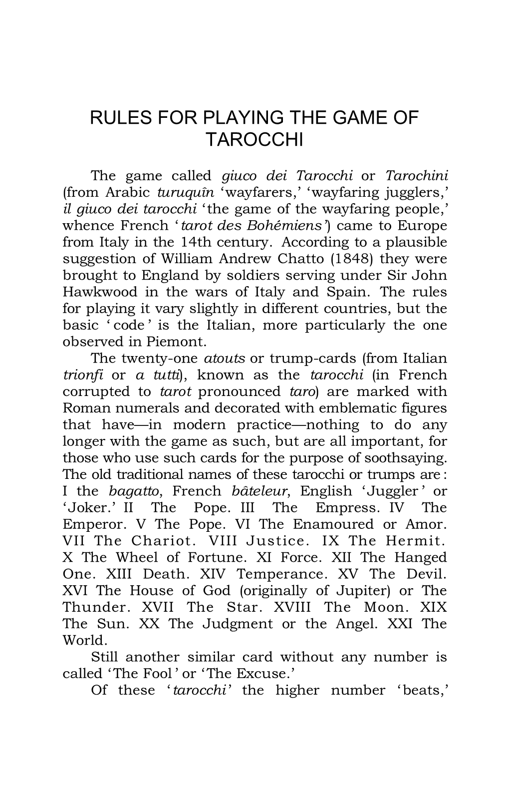 Rules for Playing the Game of Tarocchi
