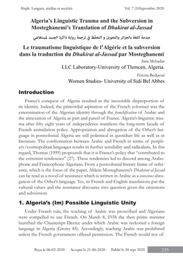 Algeria's Linguistic Trauma and the Subversion in Mosteghanemi's