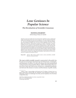 Lone Geniuses in Popular Science the Devaluation of Scientific Consensus