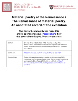 Material Poetry of the Renaissance / the Renaissance of Material Poetry: an Annotated Record of the Exhibition
