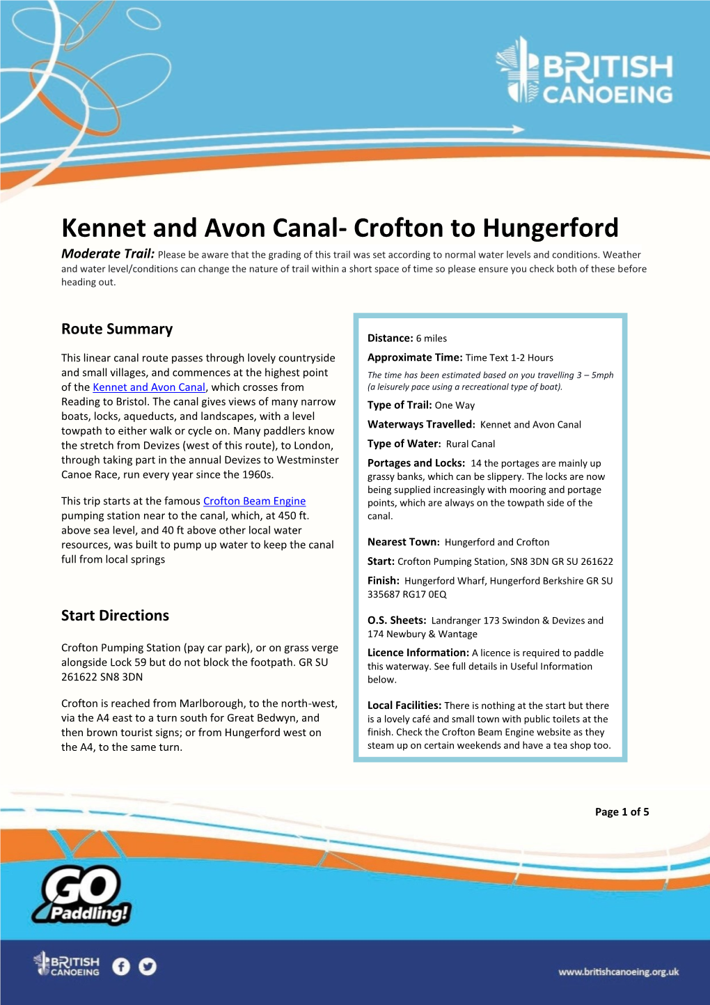 Kennet and Avon Canal- Crofton to Hungerford Moderate Trail: Please Be Aware That the Grading of This Trail Was Set According to Normal Water Levels and Conditions