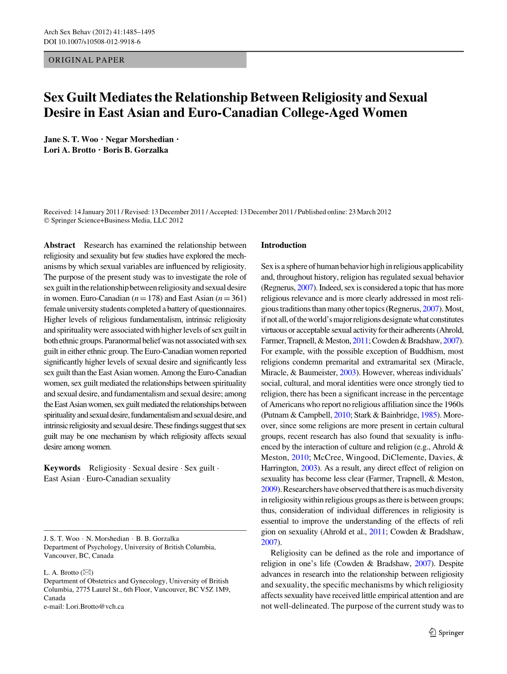 Sex Guilt Mediates the Relationship Between Religiosity and Sexual Desire in East Asian and Euro-Canadian College-Aged Women